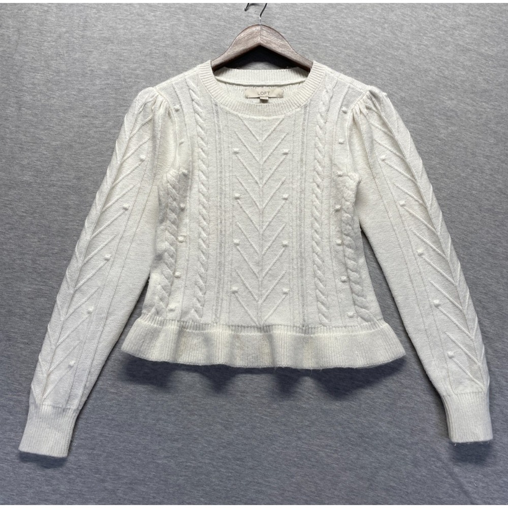 LOFT Sweater Womens XS Cream Cotton Cable Knit Classic Fit Winter Peplum Hem
